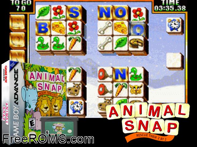 Animal Snap - Rescue Them 2 By 2 Gameboy Advance game showing 3D box cover and gameplay screenshot
